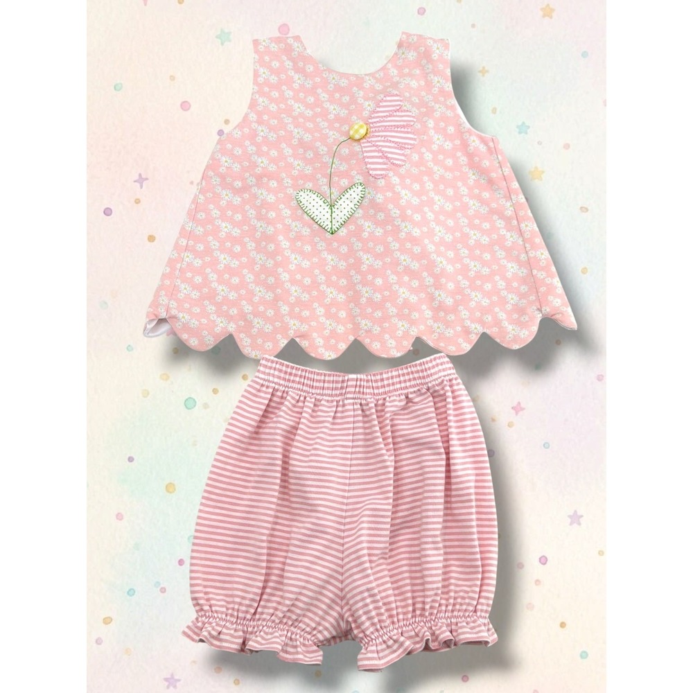 TRUE Daisy Floral Applique Scalloped Top and Striped Bloomers Set 18M